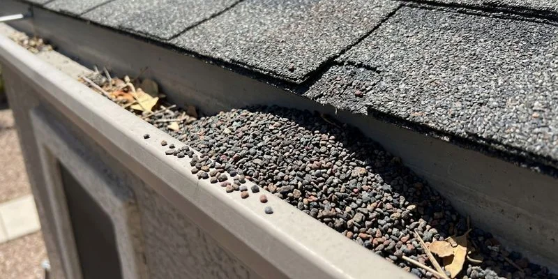 Asphalt shingle granules accumulating in a gutter on a Tucson home indicating roof wear