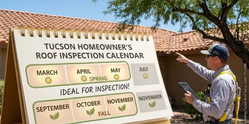 Calendar graphic showing spring and fall as the ideal roof inspection seasons for Tucson homeowners