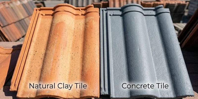 Close-up comparison of clay tile and concrete tile roofing showing color and texture differences