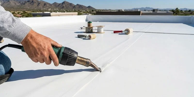 Close-up of heat-welded seams on a white flat roofing membrane installed on a Tucson building