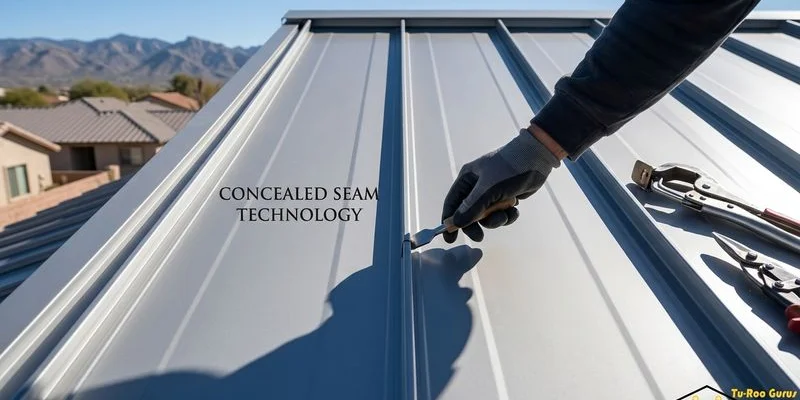 Close-up of standing seam metal roof panels showing concealed seams on a residential roof in Tucson