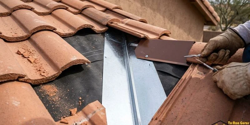 Close-up of a tile roof valley repair showing new flashing and underlayment installation in Tucson