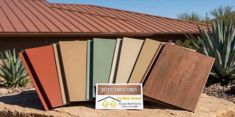 Color samples of metal roofing panels in earth tones suitable for desert Southwest homes