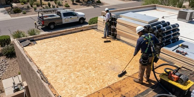 Completed flat roof tear-off showing clean decking ready for new insulation and membrane installation