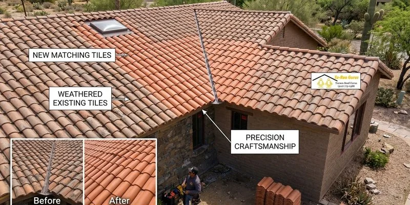 Completed tile roof repair on a Tucson home with new tiles blending seamlessly with existing ones
