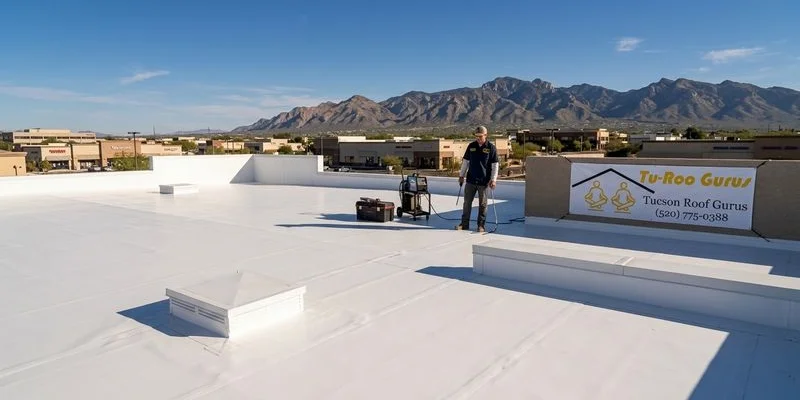 Completed white flat roof membrane installation on a Tucson commercial building under clear desert sky
