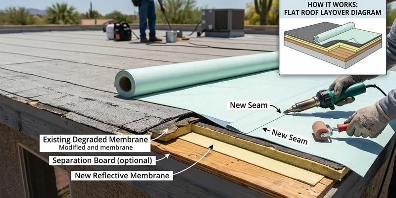 Cross-section diagram showing a flat roof layover with new membrane installed over existing roofing material