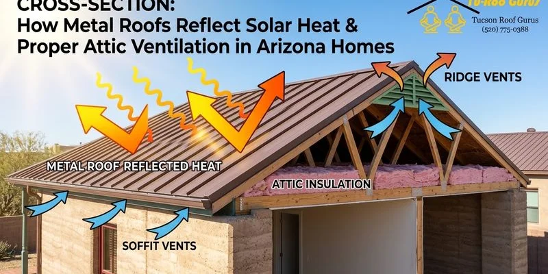 Cross-section diagram showing how metal roofing reflects solar heat with proper attic ventilation in an Arizona home