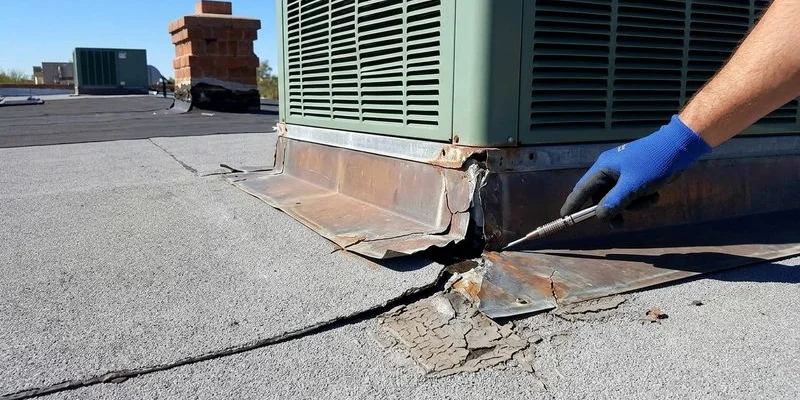 Damaged flashing around a rooftop HVAC unit showing separation from the membrane on a Tucson flat roof