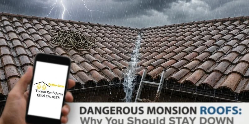 Dangerous wet tile roof during a monsoon storm in Tucson showing why homeowners should not climb up during rain