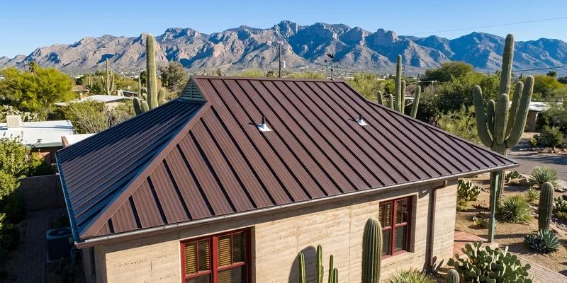 Finished metal roof on a Tucson home with mountain views and desert landscaping