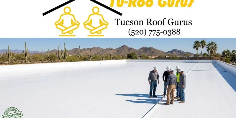 Finished white flat roof membrane on a Tucson commercial building gleaming under the desert sun