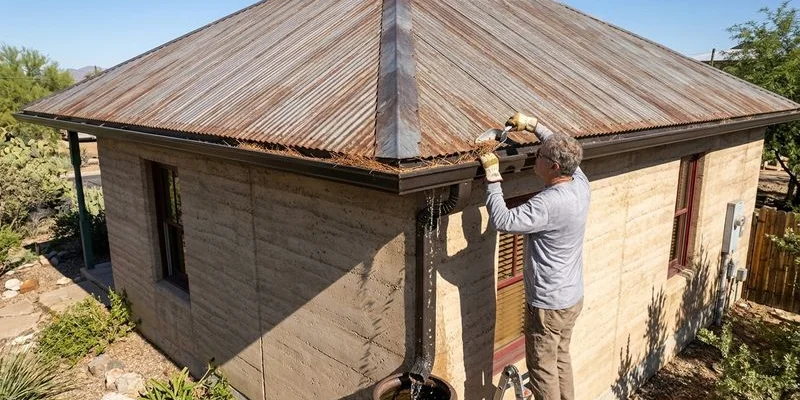 Homeowner cleaning gutters on a Tucson home in preparation for monsoon season