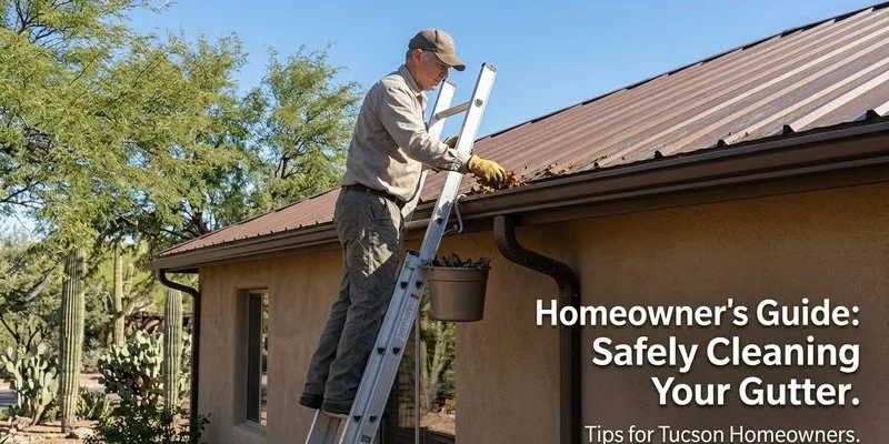Homeowner safely cleaning gutters on a single-story Tucson home using a stable ladder