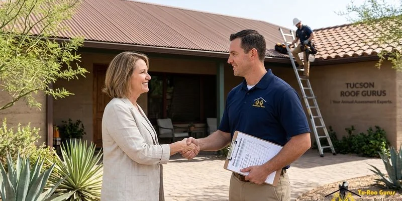 Homeowner shaking hands with a roofing inspector after completing an annual roof assessment in Tucson