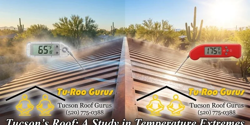Illustration showing temperature extremes on a Tucson roof from cool morning to extreme afternoon heat