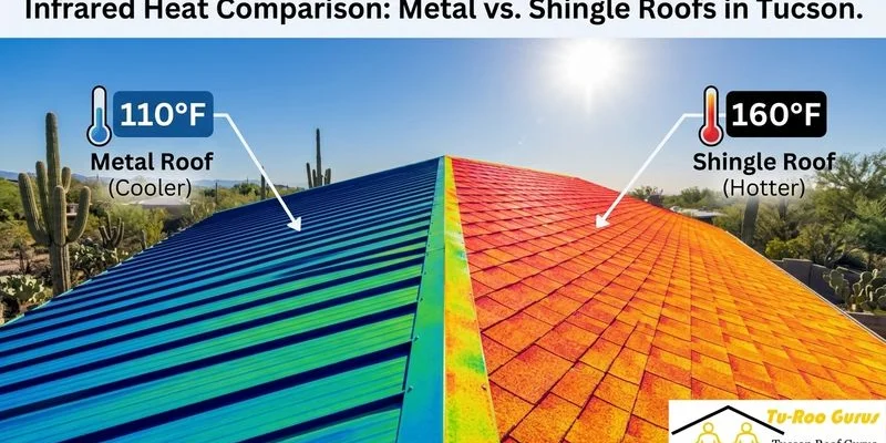 Infrared heat comparison showing temperature differences between metal and shingle roofing in Tucson summer