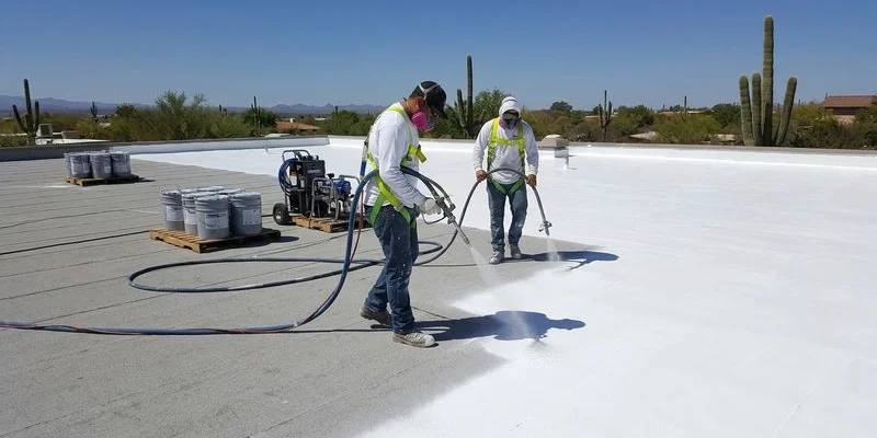Professional application of silicone roof coating using spray equipment on a Tucson commercial flat roof