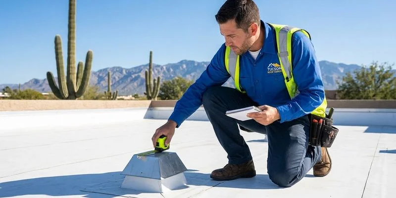 Professional roofer performing a detailed inspection of a flat roof surface and flashings in Tucson