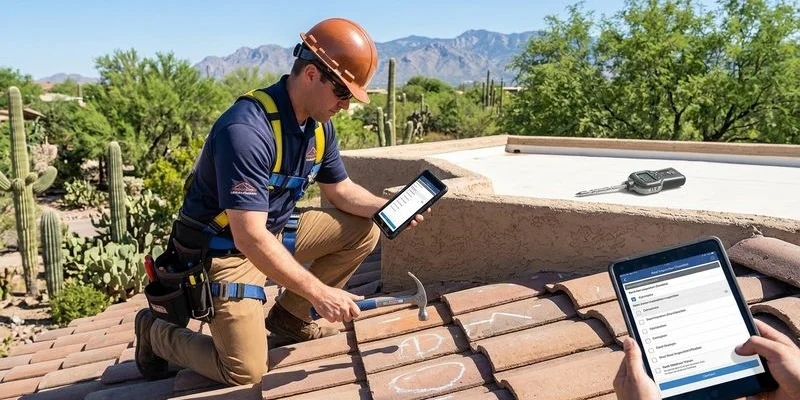 Professional roofer performing a tile roof inspection on a Tucson home