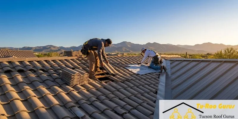Professional roofing crew working efficiently on a Tucson roof repair during early morning hours to beat the heat