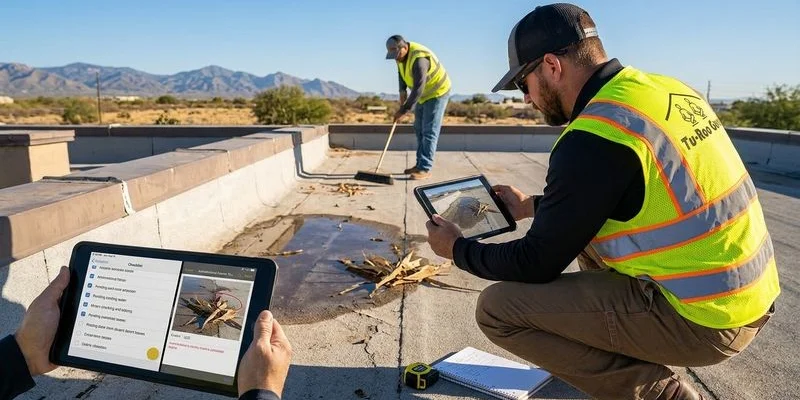 Roofer documenting flat roof condition during a fall post-monsoon inspection on a Tucson commercial building