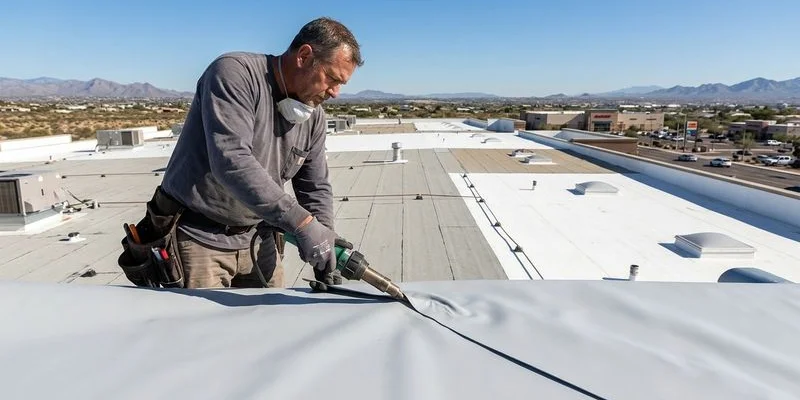 Roofer performing a hot-air weld on a flat roof membrane seam on a Tucson commercial rooftop