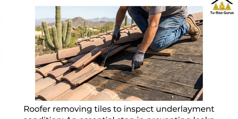 Roofer removing tiles to inspect underlayment condition on a Tucson residential roof
