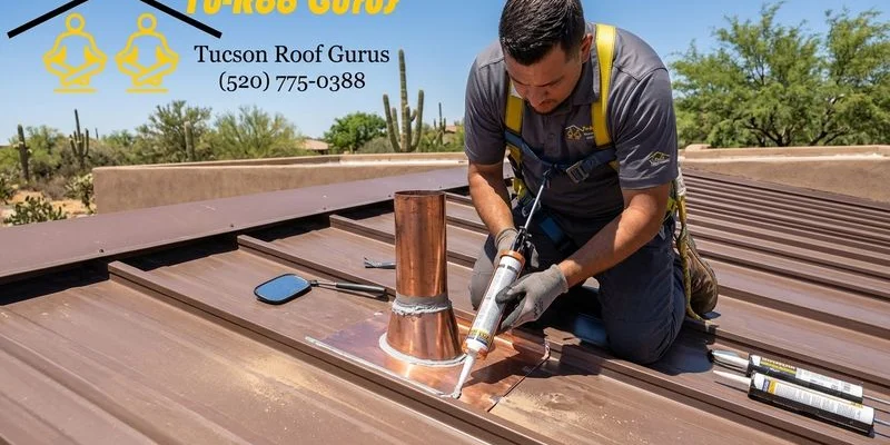 Roofing professional inspecting flashing around a vent pipe on a Tucson roof before monsoon season
