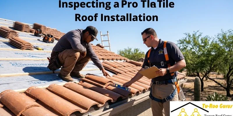 Roofing professional inspecting tile roof installation on a Tucson home