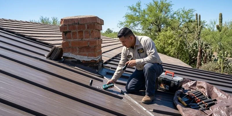 Roofing professional on a Tucson home inspecting roof after a monsoon storm for leak sources