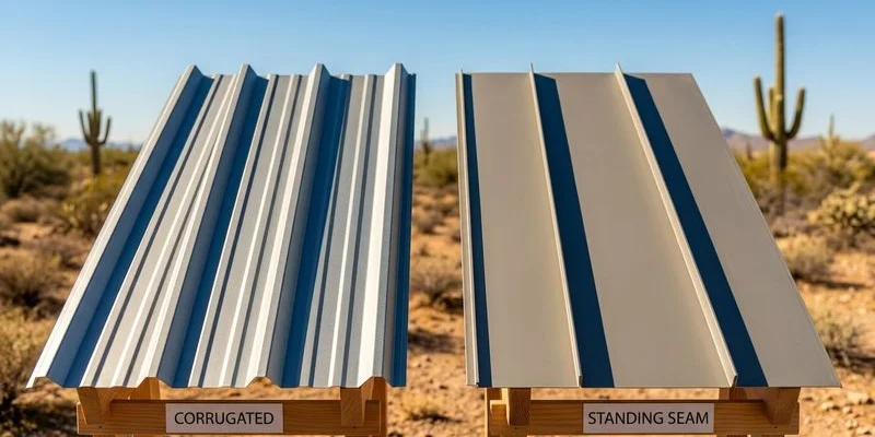 Side-by-side view of corrugated and standing seam metal roofing panels with the Tucson desert in the background