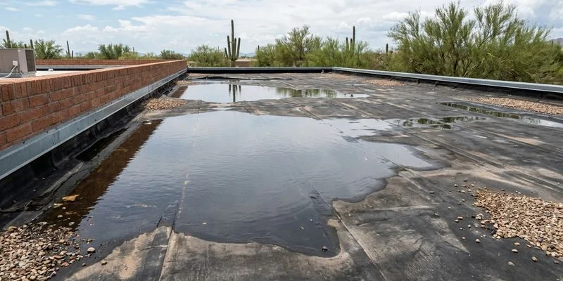 Standing water ponding on a flat roof membrane after a monsoon rain in Tucson