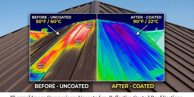 Thermal image comparison showing temperature difference between coated and uncoated roof sections in Tucson heat