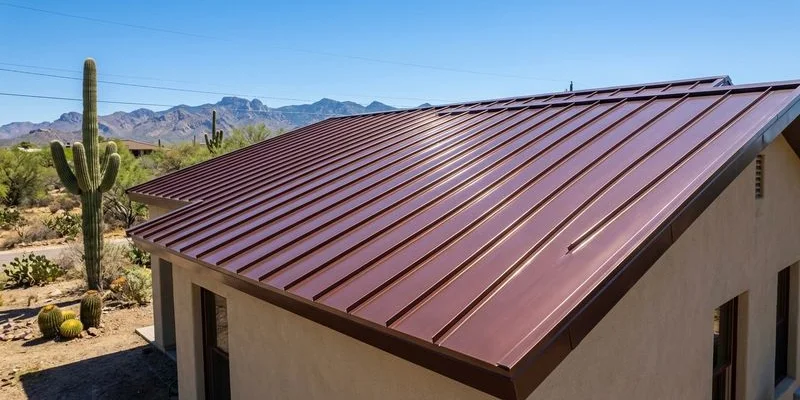 Tucson home with a freshly installed metal roof reflecting sunlight in the Arizona desert