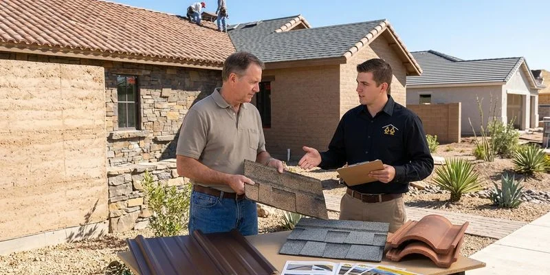 Tucson homeowner reviewing roofing options with a contractor on their property