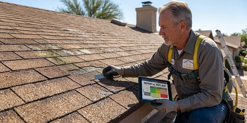 Tucson roofer inspecting an aging asphalt shingle roof for repair versus replacement assessment
