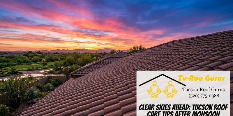 Tucson sunset after a monsoon storm with clear skies and intact tile roof in the foreground