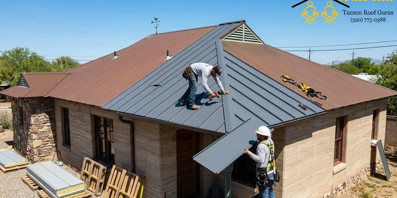 Workers installing lightweight metal roofing panels on a single-story Tucson home