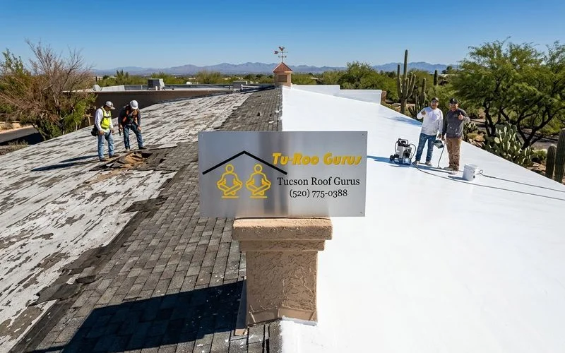 Before and after comparison of roof coating application on flat roof