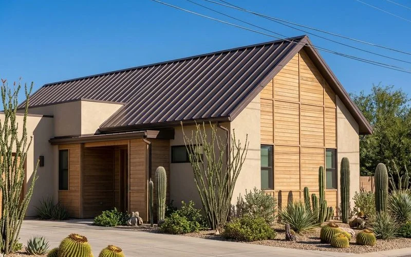 Completed metal siding and metal roof combination on Tucson building