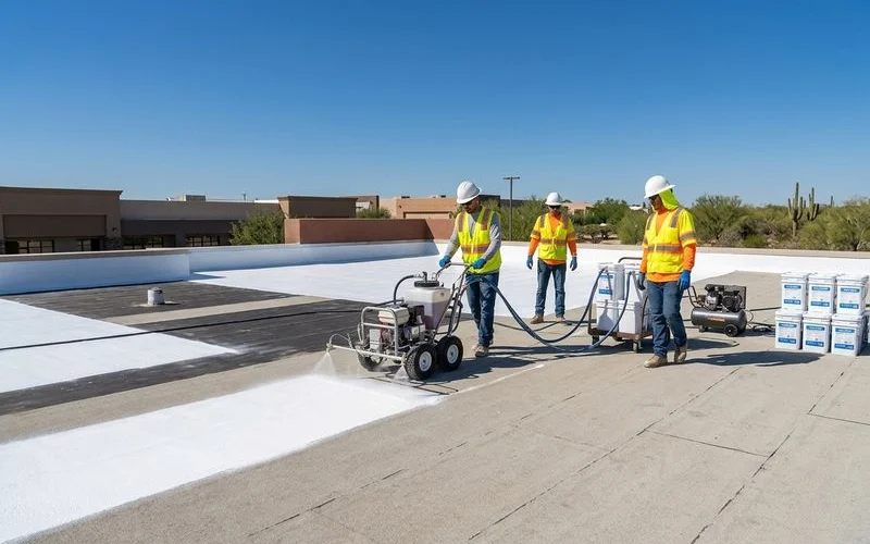 Reflective roof coating being applied to a Tucson commercial building
