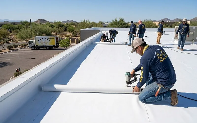 Commercial flat roofing installation with TPO membrane in Tucson