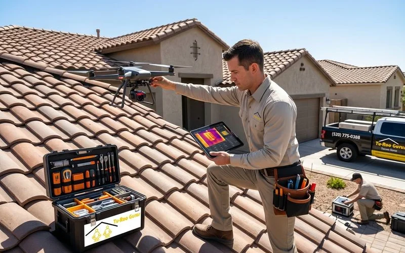 Roof repair technician performing leak diagnostic on a Tucson home
