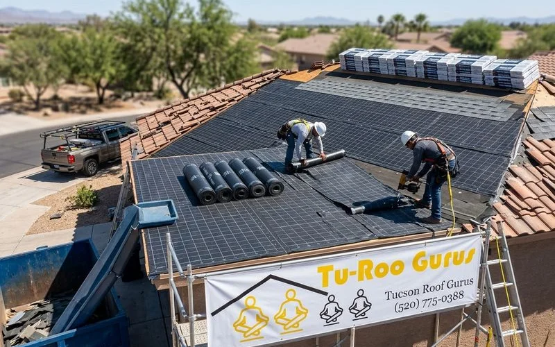 Complete roof replacement project in progress on a Tucson home