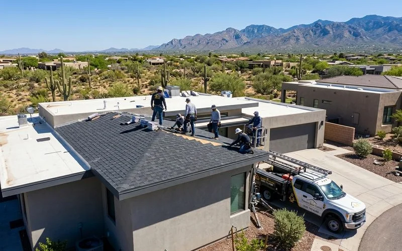Professional shingle roofing installation in progress on a Tucson home