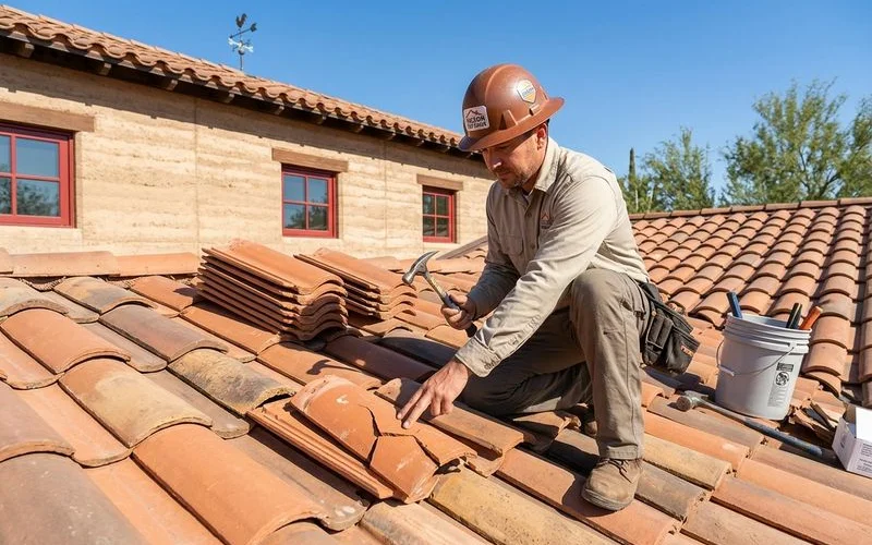 Tile roof repair specialist inspecting damaged clay tiles on a Tucson home