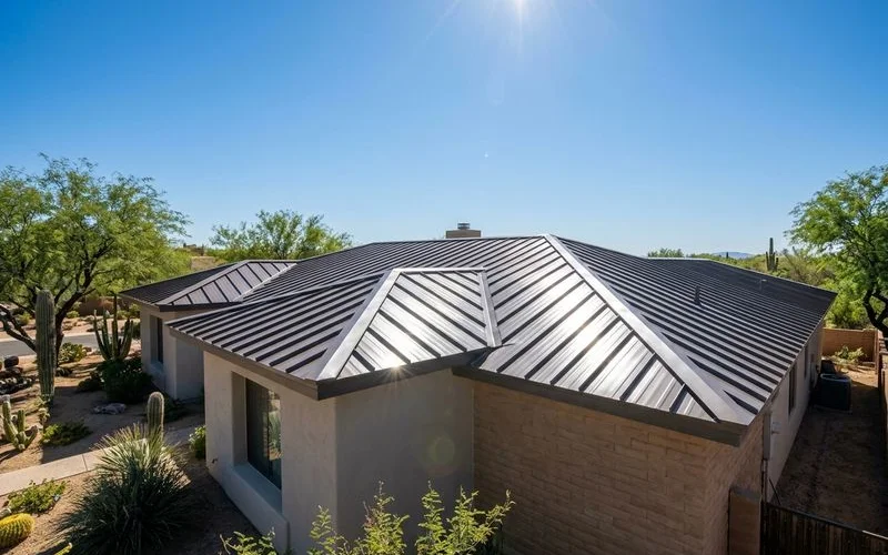 Standing seam metal roofing reflecting sunlight on a Tucson home