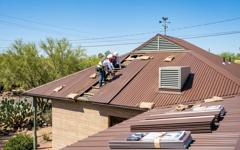 Storm damage repair work being completed on a Tucson roof after monsoon