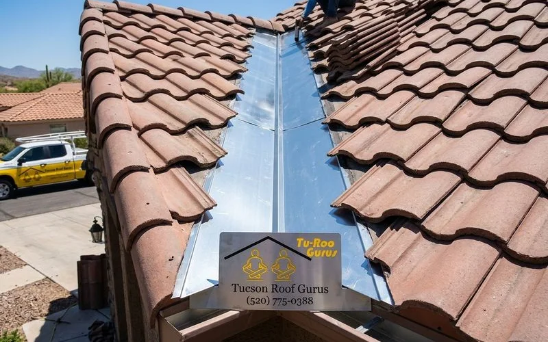 Valley repair on a tile roof with new flashing being installed